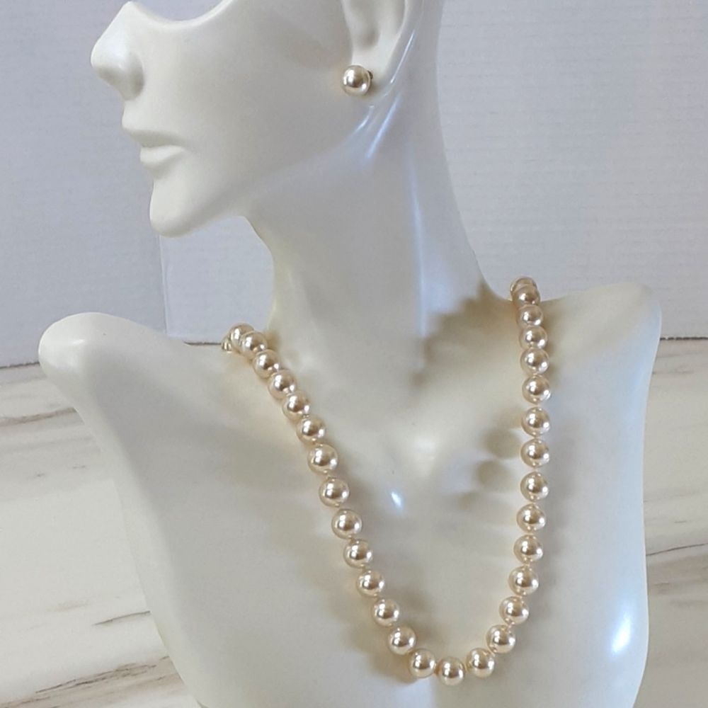 VTG JOSTENS SYNTHETIC PEARL NECKLACE 925 SILVER GOLD PLATED CLASP | EARR…